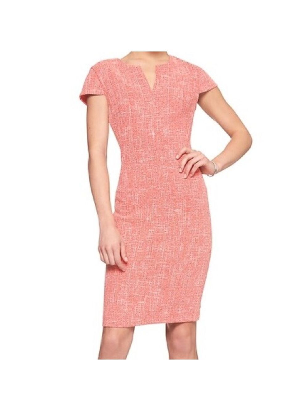 Banana Republic SPLIT NECK BOUCLE SHEATH DRESS coral orange size 10